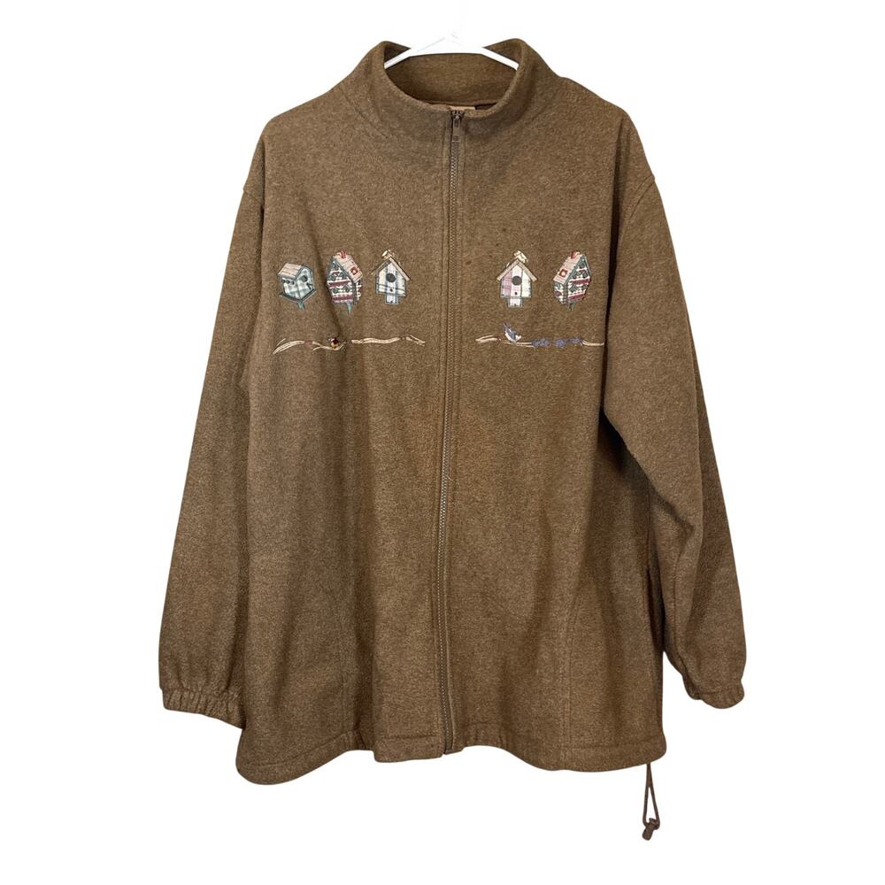 Vintage Bird House Brown Full Zip Fleece Womens XL Cottagecore Granny Farmhouse